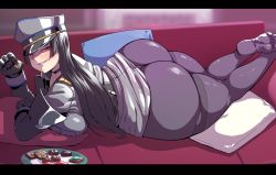 Rule 34 | 1girl, ass, black hair, black pantyhose, breasts, clothes lift, gloves, hat, huge ass, huge breasts, kandata nijou, long hair, looking at viewer, lying, military, military uniform, on stomach, pantyhose, plump, red eyes, skirt, skirt lift, smile, solo, thick thighs, thighs, uniform, valentine, wide hips