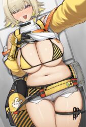 Rule 34 | 1girl, bare shoulders, bikini, black bikini, blonde hair, blush, breasts, cleavage, cowboy shot, elegg (nikke), exposed pocket, fang, gloves, goddess of victory: nikke, grey background, grey shorts, hair over eyes, highres, huge breasts, long bangs, long sleeves, looking at viewer, medium hair, multicolored hair, navel, open mouth, outstretched arm, period (anony 83), purple eyes, shorts, skin fang, skindentation, solo, sweatdrop, swimsuit, thick thighs, thighs, two-tone hair, yellow bikini