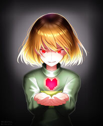 Rule 34 | 1other, androgynous, artist name, black background, bob cut, brown hair, chara (undertale), commentary, constricted pupils, dark, eyelashes, floating, floating hair, floating object, frisk (undertale), glowing, glowing eyes, gradient background, green sweater, grey background, hair spread out, heart, highres, long sleeves, looking at viewer, loose hair strand, own hands together, parted lips, pixel art, reaching, reaching towards viewer, red eyes, shaded face, short hair, signature, single horizontal stripe, smile, solo, standing, sweater, turtleneck, turtleneck sweater, twitter username, two-tone sweater, undertale, yellow sweater, yuupontan.