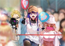 Rule 34 | 1boy, 2girls, aiming, aiming at viewer, black thighhighs, blonde hair, blue shirt, blue skirt, blurry, blurry background, breasts, brown hair, brown headwear, camera, commentary request, disguise, funi mu9, glasses, hand on another&#039;s head, hat, highres, holding, holding camera, holding phone, hoshino ai (oshi no ko), long hair, looking at another, looking at viewer, medium breasts, multiple girls, off shoulder, open mouth, oshi no ko, people, phone, pink skirt, puffy sleeves, purple eyes, purple hair, saitou ichigo, saitou miyako, shirt, skirt, sunglasses, symbol-shaped pupils, taking picture, thighhighs, towel, towel around neck, upper body, white headwear, wide sleeves