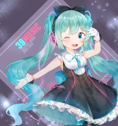 Rule 34 | 1girl, aqua hair, bad id, bad pixiv id, blue eyes, blue necktie, blush, breasts, character name, copyright name, cowboy shot, gloves, glowing, hatsune miku, highres, long hair, looking at viewer, magical mirai miku, magical mirai miku (2016), medium breasts, necktie, one eye closed, open mouth, smile, solo, twintails, useq1067, v over eye, very long hair, vocaloid, white gloves