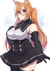 Rule 34 | 1girl, absurdres, animal ear fluff, animal ears, black collar, black gloves, black necktie, black skirt, black thighhighs, blue eyes, blush, breasts, buttons, collar, commentary, cowboy shot, elbow gloves, fang, glasses, gloves, hand on own chest, highres, kameno sachi, long hair, necktie, orange hair, original, round eyewear, shiny skin, skin fang, skirt, sleeveless, solo, tail, thighhighs, twintails