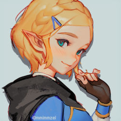 Rule 34 | 1girl, aqua eyes, black cape, blue background, blush, braid, brown gloves, cape, closed mouth, crown braid, fingerless gloves, forehead, from side, gloves, hair ornament, hairclip, long sleeves, looking at viewer, looking to the side, mimme (haenakk7), nintendo, nose blush, playing with own hair, pointy ears, princess zelda, short hair, simple background, smile, solo, the legend of zelda, the legend of zelda: breath of the wild, the legend of zelda: tears of the kingdom, twitter username, upper body