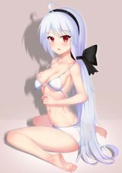 Rule 34 | 1girl, absurdres, ahoge, barefoot, black bow, blush, bow, bra, breasts, collarbone, commentary request, covered erect nipples, dot nose, from side, grey background, hair ornament, hairband, hand on own breast, highres, kneeling, large breasts, long hair, looking at viewer, navel, panties, parted lips, ponytail, red eyes, ribbon, see-through, shadow, simple background, solo, underwear, underwear only, very long hair, vocaloid, white bra, white hair, white panties, wu yao jun, yowane haku