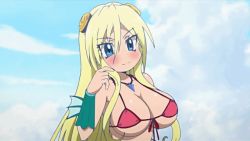 Rule 34 | 1girl, animated, animated gif, bare shoulders, bikini, bikini top only, blonde hair, blue eyes, blush, grabbing another&#039;s breast, breasts squeezed together, breasts, fuji-san, grabbing, huge breasts, jewelry, long hair, mermaid, monster girl, namiuchigiwa no muromi-san, solo, swimsuit