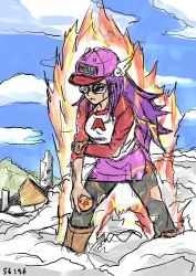 Rule 34 | 1girl, aged up, baseball cap, berujaman, boots, breasts, clothes writing, collateral damage, crossover, dr. slump, dragon ball, dragon ball (object), glasses, gloves, hat, head wings, holding, knee boots, long hair, long sleeves, norimaki arale, pantyhose, powering up, purple eyes, purple hair, raglan sleeves, single glove, sketch, skirt, solo, torn clothes, torn pantyhose, wings