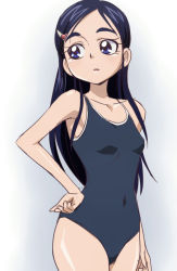 Rule 34 | 00s, 1girl, bare shoulders, blue eyes, blue hair, breasts, competition school swimsuit, covered navel, cowboy shot, futari wa precure, hair ornament, hairclip, hand on own hip, long hair, matching hair/eyes, oimanji, one-piece swimsuit, precure, school swimsuit, simple background, small breasts, solo, swimsuit, yukishiro honoka