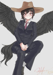 Rule 34 | 1girl, absurdres, black footwear, black hair, black jacket, black pants, black suit, black wings, blush, breasts, brown hat, closed mouth, collared shirt, commentary request, cowboy hat, dated, feathered wings, female focus, formal, grey background, hat, head tilt, highres, horse tail, jacket, jewelry, kurokoma saki, littiecy, loafers, long sleeves, medium breasts, necktie, pant suit, pants, red eyes, ring, shirt, shoes, short hair, signature, simple background, sitting, smile, socks, solo, striped necktie, striped neckwear, suit, tail, touhou, watch, white shirt, white socks, wings, wristwatch