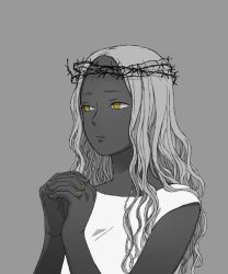 Rule 34 | 1girl, crown of thorns, dark-skinned female, dark skin, long hair, looking afar, monochrome, nail polish, original, own hands clasped, own hands together, parted bangs, praying, shokugyo, solo, spot color, thorns, upper body, wavy hair, yellow eyes, yellow nails