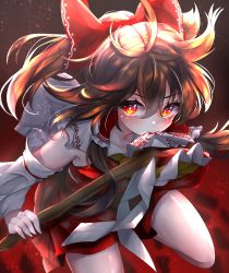 Rule 34 | 1girl, absurdres, ascot, bow, brown hair, detached sleeves, dfra, eyelashes, gohei, hair bow, hakurei reimu, highres, looking at viewer, medium hair, ponytail, red bow, red eyes, red skirt, red vest, skirt, touhou, vest, wide sleeves, yellow ascot