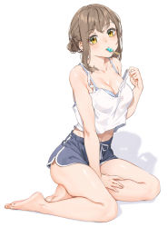 Rule 34 | 1girl, bare arms, bare legs, bare shoulders, barefoot, blouse, bra, brown hair, fangxiang cuoluan, feet, food, food in mouth, highres, ice cream, looking at viewer, medium hair, navel, original, shirt, short hair, short shorts, shorts, sitting, sleeveless, sleeveless shirt, tank top, thighs, underwear, white background, yellow eyes