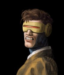 Rule 34 | 10s, 1boy, black background, brown hair, clenched teeth, cyclops (x-men), fine art parody, girl with a pearl earring, grin, highres, male focus, marvel, mask, parody, sakkan, short hair, simple background, smile, solo, teeth, upper body, visor, x-men