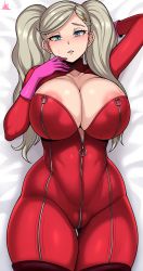 Rule 34 | 1girl, absurdres, areola slip, blonde hair, bodysuit, breasts, bursting breasts, highres, huge breasts, jmg, looking at viewer, lying, nipples, on back, on bed, persona, persona 5, skin tight, solo, takamaki anne, thighs