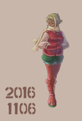 Rule 34 | 1girl, 2016, alternate costume, blonde hair, boots, dark skin, dark-skinned female, dated, hands in pockets, highres, jacket, lal&#039;c mellk mal, looking to the side, scarf, short hair, solo, tan background, thigh boots, thighhighs, thighs, top wo nerae 2!, wings, you ming