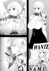 Rule 34 | 1boy, 1girl, angry, breasts, chain, chained, cleavage, collar, cuffs, fellatio, forced, handcuffs, hazama null, hetero, highres, irrumatio, large breasts, low twintails, male pubic hair, metal collar, monochrome, nami (one piece), one piece, oral, paizuri, poster, pubic hair, shirt, torn clothes, torn shirt, twintails, wanted