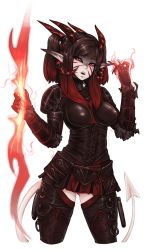 Rule 34 | 1girl, armor, barbariank, black sclera, breasts, brown hair, champions online, claws, colored sclera, corset, cowboy shot, cropped legs, demon girl, demon tail, energy weapon, facial mark, fangs, gradient hair, head tilt, highres, horns, long hair, looking at viewer, medium breasts, multicolored hair, open mouth, original, pale skin, pointy ears, red eyes, red hair, solo, tail, teeth, transparent background, twintails, two-tone hair, vambraces