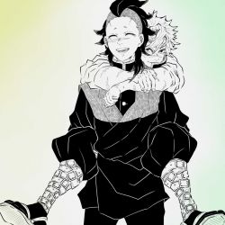 Rule 34 | 2boys, black legwear, brothers, carrying, closed mouth, demon slayer uniform, facing viewer, flipped hair, hair between eyes, hand on own arm, happy, highres, kimetsu no yaiba, laughing, leg belt, looking at viewer, male focus, mohawk, monochrome, multicolored background, multiple boys, nagasawa setsu, open mouth, outstretched arms, pants, piggyback, sandals, scar, scar on arm, scar on face, scar on forehead, scar on nose, shinazugawa genya, shinazugawa sanemi, shoe soles, short hair, siblings, sleeves rolled up, smile, tabi, vest