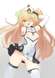 Rule 34 | 1girl, arm up, azur lane, bache (azur lane), bache (showy sports star) (azur lane), bare shoulders, blonde hair, blush, breasts, censored, covered navel, detached sleeves, gradient background, green eyes, hair between eyes, highres, lifted by self, long hair, looking at viewer, nipples, no panties, novelty censor, one eye closed, open mouth, small breasts, solo, sportswear, tennis dress, tennis uniform, thighhighs, twintails, two side up, very long hair, visor cap, white thighhighs, yellowpaint.