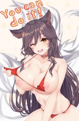Rule 34 | 1girl, ;d, ahri (league of legends), animal ears, bikini, bikini pull, black hair, blush, breasts, clothes pull, english text, facial mark, female focus, fox ears, fox girl, fox tail, highres, large breasts, league of legends, nipples, one eye closed, open mouth, red bikini, smile, solo, swimsuit, tail, text focus, whisker markings, yellow eyes