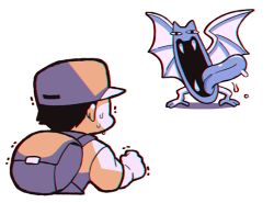 Rule 34 | 1990s (style), 1boy, backpack, bag, baseball cap, black hair, chromatic aberration, clenched hand, creatures (company), fangs, game freak, gen 1 pokemon, gojya, golbat, hat, nintendo, pokemon, pokemon (creature), pokemon rgby, red (pokemon), retro artstyle, saliva, short hair, simple background, standing, sweat, tongue, tongue out, trembling, white background, wings