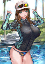 Rule 34 | 1girl, bikini, blue bikini, breasts, brown hair, cowboy shot, eyewear on head, green eyes, hands up, hat, highres, jacket, large breasts, long hair, long sleeves, multicolored clothes, multicolored jacket, no pants, original, outdoors, ran&#039;ou (tamago no kimi), smile, sports sunglasses, sunglasses, swimsuit, thighs, two-tone jacket, water, white hat