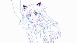 Rule 34 | 1girl, animal ears, animated, blue eyes, cat ears, choker, dancing, detached sleeves, fake animal ears, floating hair, hair between eyes, hair ornament, idol, long hair, looking at viewer, monochrome, neon genesis evangelion, open mouth, shirt, simple background, smile, souryuu asuka langley, two side up, upper body, video, wristband, yamayoshi
