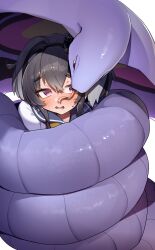 Rule 34 | 1girl, absurdres, arbok, black hair, blush, commission, constriction, creatures (company), crossover, forked tongue, game freak, gen 1 pokemon, grey hair, hair between eyes, highres, kantai collection, multicolored hair, nintendo, open mouth, pokemon, pokemon (creature), purple eyes, sailor collar, short hair with long locks, simple background, skeb commission, sweat, tamukoro, tokitsukaze (kancolle), tongue, white background