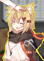Rule 34 | :d, animal ear fluff, animal ears, arknights, black cloak, blonde hair, blouse, blurry, blush, cloak, closed eyes, commentary request, crop top, crop top overhang, depth of field, facing viewer, fang, fox ears, hair between eyes, hair ornament, hairclip, hand on another&#039;s head, headpat, highres, hood, hooded cloak, jewelry, necklace, notched ear, open mouth, out of frame, outline, sb (akagikeai), shirt, short hair, skin fang, smile, solo focus, upper body, vermeil (arknights), white shirt, yellow outline, |d