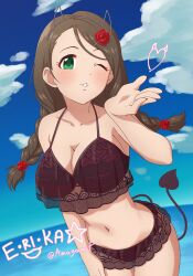 Rule 34 | 1girl, akanishi erika, amagamip, bare shoulders, bikini, blowing kiss, blue sky, blush, braid, breasts, brown bikini, brown hair, character name, character signature, cleavage, cloud, collarbone, cowboy shot, day, demon horns, demon tail, dot nose, fake horns, fake tail, fisheye, flower, green eyes, hair flower, hair ornament, hairband, hand on own leg, heart, highres, horizon, horned headwear, horns, idolmaster, idolmaster cinderella girls, idolmaster cinderella girls starlight stage, lace, lace-trimmed bikini, lace trim, large breasts, long hair, looking at viewer, low twintails, navel, ocean, one eye closed, open hand, outdoors, parted lips, red flower, red rose, rose, sky, smile, solo, standing, star (symbol), swimsuit, tail, twin braids, twintails, twitter username