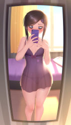 Rule 34 | 1girl, absurdres, bags under eyes, bed, black hair, black panties, blush, bow, bow panties, cellphone, contrapposto, curtains, female pov, fisheye, hair ornament, hairclip, hand on own chest, highres, holding, holding phone, indoors, lens flare, lingerie, looking at viewer, mirror, nail polish, navel, negligee, nightgown, nose blush, novenine, original, panties, phone, pov, purple eyes, purple nails, reflection, renko (renkonv), sanpaku, see-through, selfie, short hair, short hair with long locks, skindentation, smartphone, solo, standing, stomach, swept bangs, taking picture, thighs, underwear, underwear only, window, wooden floor, yes-no pillow