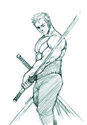 Rule 34 | 1boy, abs, azreto, bara, dual wielding, feet out of frame, frown, green theme, holding, holding sword, holding weapon, large pectorals, looking at viewer, male focus, muscular, muscular male, nib pen (medium), one piece, pectorals, roronoa zoro, serious, short hair, solo, standing, sword, thick eyebrows, topless male, traditional media, weapon
