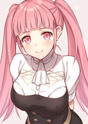 Rule 34 | 1girl, arms behind back, belt, blunt bangs, blush, breasts, closed mouth, commentary request, female focus, fire emblem, fire emblem: three houses, garreg mach monastery uniform, highres, hilda valentine goneril, large breasts, leaning forward, long hair, looking at viewer, matching hair/eyes, nintendo, pink background, pink eyes, pink hair, shiyo yoyoyo, short sleeves, simple background, smile, solo, twintails, uniform, upper body