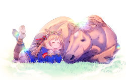 Rule 34 | 1girl, animal ears, armband, blue jacket, bow, brown hair, commentary request, creature and personification, grass, grass wonder (racehorse), grass wonder (umamusume), hair bow, horse, horse ears, horse girl, jacket, light rays, long hair, long sleeves, multiple girls, pantyhose, partial commentary, real life, red armband, umamusume, usapenpen2019