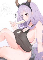 Rule 34 | 1girl, 1other, absurdres, arknights, bottomless, breasts, commentary request, doctor (arknights), fake horns, food, from side, highres, holding, holding food, holding popsicle, horn hairband, horns, knee up, large breasts, long hair, looking at another, no panties, pcaccount13, popsicle, profile, purple hair, sideboob, simple background, sitting, sweat, tank top, thighs, typhon (arknights), very long hair, white background