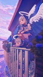 Rule 34 | 2girls, absurdres, against railing, angel, angel wings, apron, artist name, balcony, blue flower, blue theme, blurry, blurry foreground, cloud, commentary, day, double vertical stripe, drying, drying clothes, feathered wings, flower, grey hair, grey skirt, halo, highres, kagenoyuhi, leaning, loafers, long sleeves, medium hair, multiple girls, on railing, open mouth, original, perspective, plant, potted plant, railing, sailor collar, school uniform, serafuku, shoes, skirt, socks, squatting, standing, white apron, white socks, white wings, wings