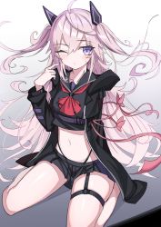 Rule 34 | 1girl, ahoge, ascot, black jacket, black sailor collar, black shirt, black shorts, blush, closed mouth, commentary, crop top, gradient background, grey background, hair between eyes, hand up, headgear, highres, jacket, long hair, long sleeves, looking at viewer, midriff, navel, open clothes, open jacket, original, pink hair, purple eyes, red ascot, sailor collar, shirt, short shorts, shorts, sitting, skindentation, solo, sweat, thigh strap, two side up, verslll, very long hair, wariza, white background