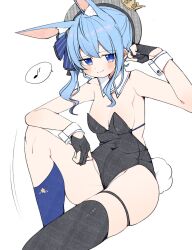 Rule 34 | 1girl, adapted costume, animal ear fluff, animal ears, asymmetrical legwear, beret, black gloves, black leotard, black thighhighs, blue bow, blue eyes, blue hair, blue socks, blush stickers, bow, breasts, closed mouth, commentary request, crown, detached collar, double-parted bangs, feet out of frame, gloves, grey hat, hair between eyes, hair bow, hat, highleg, highleg leotard, highres, hololive, hoshimachi suisei, hoshimachi suisei (1st costume), knee up, kneehighs, kuma no bansoukou, leotard, looking at viewer, medium hair, mismatched legwear, nontraditional playboy bunny, oversized breast cup, partially fingerless gloves, plaid headwear, rabbit ears, rabbit tail, side ponytail, single kneehigh, single sock, sitting, skindentation, small breasts, smile, socks, solo, star (symbol), star in eye, strapless, strapless leotard, symbol in eye, tail, thigh strap, thighhighs, uneven legwear, virtual youtuber, wing collar