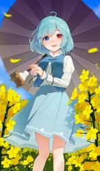 Rule 34 | 1girl, ahoge, blue eyes, blue hair, blue skirt, blue sky, blue vest, blush, branch, breasts, buttons, cloud, cloudy sky, eyes visible through hair, fingernails, flower, frills, hair between eyes, hands up, heterochromia, highres, holding, holding umbrella, juliet sleeves, kanpa (campagne 9), long fingernails, long sleeves, looking at viewer, medium breasts, nail polish, open mouth, outdoors, petals, pink nails, puffy long sleeves, puffy sleeves, rapeseed blossoms, red eyes, shirt, short hair, skirt, sky, smile, solo, standing, tatara kogasa, teeth, tongue, touhou, sunken fossil world, umbrella, vest, white shirt, yellow flower