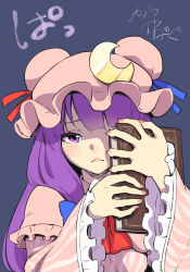 Rule 34 | 1girl, blunt bangs, crescent, crescent hat ornament, dress, eyebrows hidden by hair, eyeshadow, frown, grey background, hat, hat ornament, highres, kawayabug, light blush, long hair, makeup, mob cap, one eye covered, patchouli knowledge, pink dress, purple eyes, purple hair, simple background, solo, touhou, upper body