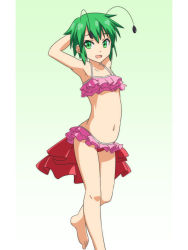 Rule 34 | 1girl, antennae, armpits, arms up, bikini, cato (monocatienus), commentary request, frilled bikini, frills, gradient background, green background, green eyes, green hair, leg up, looking at viewer, navel, open mouth, pink bikini, short hair, simple background, solo, swimsuit, touhou, wriggle nightbug