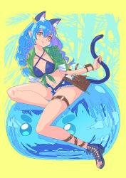 Rule 34 | 1girl, agnes tachyon (lunatic lab) (umamusume), agnes tachyon (umamusume), agnes tachyon (umamusume) (cosplay), animal ears, ankle strap, bikini, blue bikini, blue footwear, blue hair, blue shorts, braid, breasts, cat ears, cat tail, collared shirt, commentary, cosplay, criss-cross halter, cutoffs, extra ears, fang, front-tie top, green shirt, hair ribbon, halterneck, highres, holding own tail, jj (ssspulse), leaning to the side, leg up, long hair, looking at viewer, medium breasts, navel, official alternate costume, on ball, open clothes, open shirt, pointy ears, pouch, precure, prunce (precure), ribbon, sandals, shirt, short shorts, shorts, sitting, solo, star twinkle precure, swimsuit, tail, thigh strap, twin braids, umamusume, wristband, yellow eyes, yellow ribbon, yuni (precure)