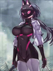 Rule 34 | 1girl, arms at sides, black hair, bodysuit, boots, breasts, commentary request, covered navel, cropped jacket, cyborg, hair intakes, highres, holding, holding sword, holding weapon, jacket, katana, large breasts, long hair, low ponytail, mask, open clothes, open jacket, original, rabbit mask, science fiction, skin tight, solo, sword, thigh boots, weapon, yoineya