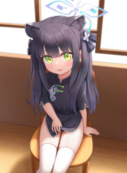 Rule 34 | 1girl, animal ears, black dress, black hair, blue archive, blue halo, blush, cementite, chair, china dress, chinese clothes, dress, flat chest, green eyes, halo, highres, indoors, long hair, looking at viewer, open mouth, short hair, short sleeves, shun (blue archive), shun (small) (blue archive), sitting, smile, solo, thighhighs, tiger ears, white thighhighs