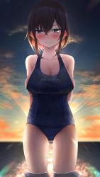 Rule 34 | 1girl, absurdres, amane sora, arms behind back, backlighting, bad id, bad pixiv id, bare shoulders, blue one-piece swimsuit, blush, breasts, brown hair, cleavage, closed mouth, collarbone, commentary request, cowboy shot, ear blush, gluteal fold, groin, hair between eyes, highres, huge filesize, large breasts, one-piece swimsuit, original, purple eyes, school swimsuit, short hair, sideboob, sky, solo, standing, star (sky), starry sky, sunrise, swimsuit, wading, wet