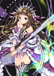 Rule 34 | 1girl, bare shoulders, blue eyes, blush, breasts, brown hair, closed mouth, empew, eyebrows, female focus, frills, hair ornament, hair ribbon, holding, holding weapon, legs together, long hair, looking at viewer, million chain, ribbon, small breasts, smile, solo, standing, sword, thigh gap, thighs, weapon