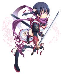 Rule 34 | 1girl, absurdres, amamiya minato, armor, bad id, bad pixiv id, black hair, breasts, cherry blossoms, cleavage, floral print, full body, highres, japanese armor, japanese clothes, katana, kote, original, purple eyes, scarf, sheath, short hair, shoulder armor, side ponytail, sode, solo, sword, thighhighs, transparent background, unsheathed, weapon