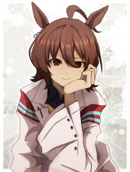 Rule 34 | 1girl, agnes tachyon (umamusume), ahoge, animal ears, black necktie, black shirt, border, brown eyes, brown hair, coat, commentary request, earrings, grey background, hair between eyes, head rest, highres, horse ears, horse girl, jewelry, lab coat, mixed-language commentary, necktie, secretter, shirt, short hair, single earring, smile, solo, sweater, umamusume, white border, white coat, yellow sweater