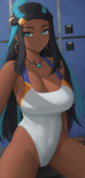 Rule 34 | 1girl, alternate costume, arm support, arms at sides, bare arms, bare legs, bare shoulders, black hair, blue eyes, blue hair, breasts, cameltoe, cleavage, closed mouth, collarbone, competition swimsuit, covered navel, creatures (company), dark-skinned female, dark skin, earrings, game freak, hair bun, highleg, highleg swimsuit, highres, hoop earrings, jewelry, large breasts, locker, locker room, long hair, looking at viewer, multicolored hair, neck, necklace, nessa (pokemon), nintendo, one-piece swimsuit, pokemon, pokemon swsh, sidelocks, sitting, smile, solo, straight hair, swimsuit, thick thighs, thighs, two-tone hair, white one-piece swimsuit, zaphn