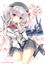 Rule 34 | 10s, 1girl, :d, arm support, azumi kazuki, beret, black socks, black skirt, blush, breasts, collared shirt, english text, floral background, full body, gloves, grey hair, grey shirt, hat, head tilt, kantai collection, kashima (kancolle), kneehighs, looking at viewer, machinery, open mouth, petals, pleated skirt, pointing, pointing at self, purple eyes, shirt, sitting, skirt, smile, socks, solo, twintails, white background, white gloves, wing collar