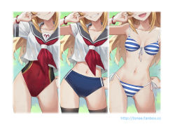 1girl, :d, :q, arm up, artist name, bare shoulders, bikini, black legwear, blonde hair, blue bikini, blue buruma, bracelet, breasts, buruma, cleavage, collarbone, competition swimsuit, cowboy shot, detached sleeves, fang, fate/grand order, fate (series), front-tie bikini, front-tie top, gluteal fold, grey sailor collar, grin, hand on hip, head out of frame, highres, jewelry, long hair, midriff, mordred (fate), mordred (fate) (all), multiple views, navel, neckerchief, one-piece swimsuit, open mouth, red neckwear, red swimsuit, sailor collar, school uniform, serafuku, shirt, side-tie bikini, small breasts, smile, stomach, striped, striped bikini, swimsuit, teeth, thighhighs, tonee, tongue, tongue out, watermark, web address, white shirt